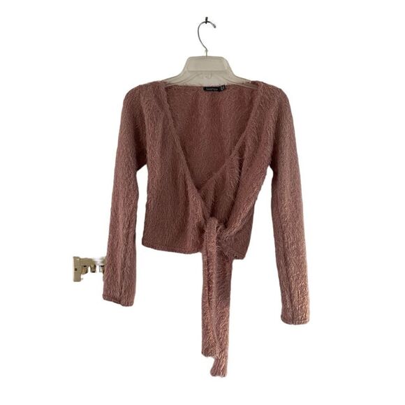BooHoo mauve feather texture wrap sweater size 8 - Picture 2 of 9